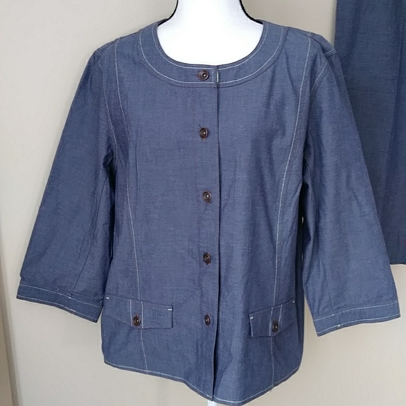 Denim & Co. Two Piece Pantsuit /Top & High-Waisted Cropped Ankle Pants L Blue - Picture 3 of 16